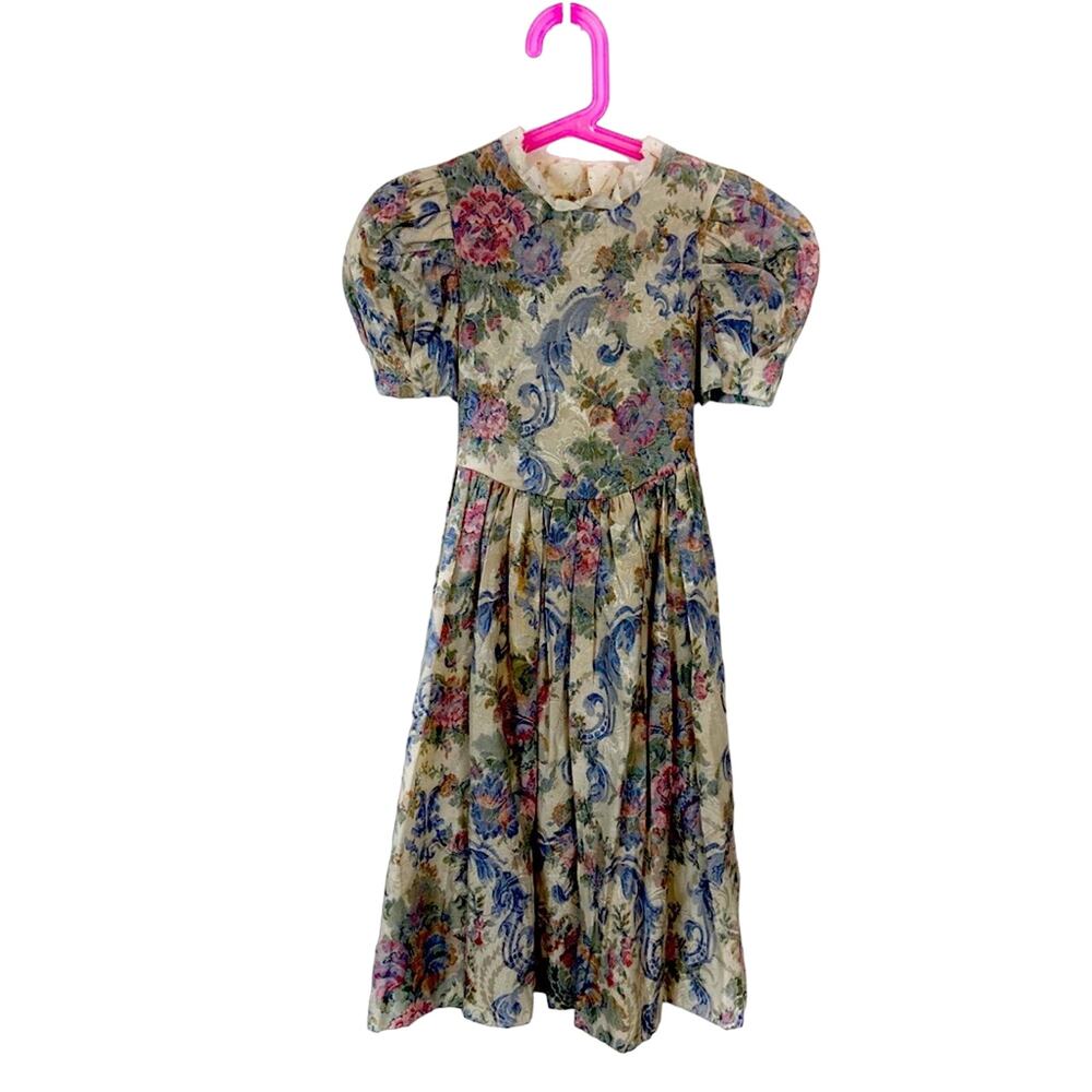 Puff Sleeve Party Dress Vintage Girl's Floral Handmade Lace Trim sz youth 6 7